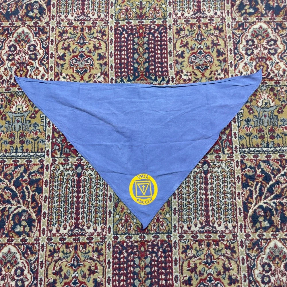 VTG 60s YMCA Ragger‎ Bandana Scarf Neck Gaiter Blue Yellow Logo Neckwear Mens